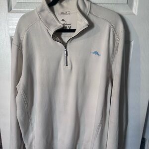 Tommy Bahama Men's Light Beige Quarter-Zip Pullover with Blue Dolphin Logo